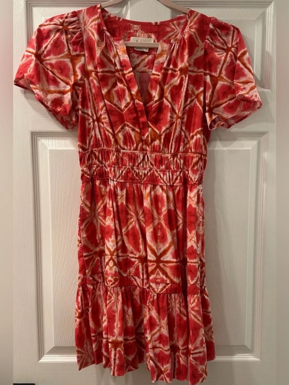 Anthropologie Somerset Mini Dress Pink Orange Tie Dye Smocked Waist Size:Small